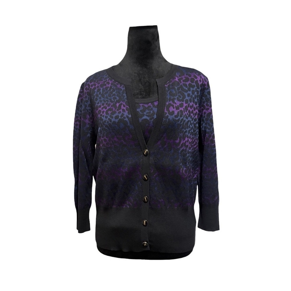 St. John Twin Set Cardigan Shell Women S Purple Blue Animal Print EUC